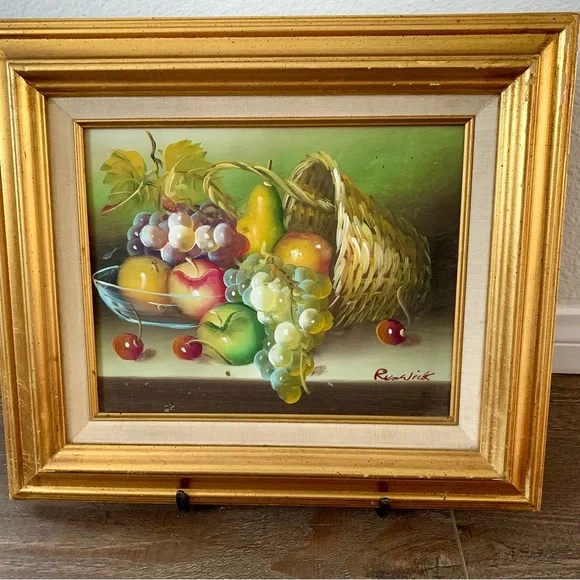 Vintage Basket Apples And Grapes Oil Signed Renwick 13/15”